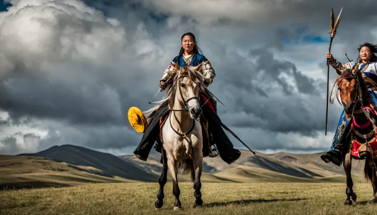 tiro longo hiper realista. khutulun mongol princesa, poderoso e determinado, luta, vasta paisagem mongol, beijado pelo sol, show...