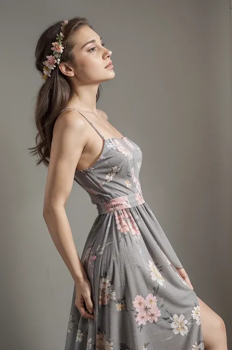 Masterpiece, better quality, portrait, front view, half body, ((beautiful woman)) wearing ((long dress)), ((dress with floral print)), profile, lookindo to side, hands crossed, ((grey background))