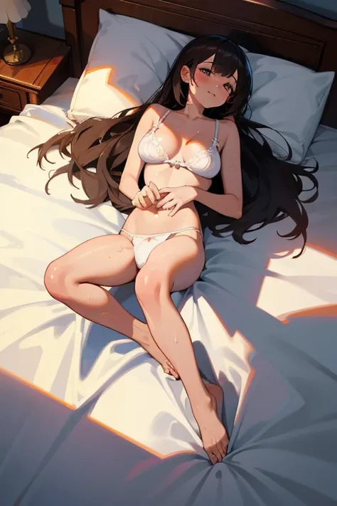 nsfw, 1 girl, solo, dark hair, long hair, lying on back, in lingerie, white bra, white panties, wet, (wet panties:1.3), messy lingerie, bra pulled up over, (background: on bed in bedroom), big breasts:1.3, embarrassed face, blushing, writhing Face, Beautif...