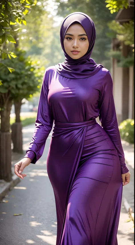 RAW, Best quality, high resolution, masterpiece: 1.3), Beautiful Malay woman in hijab (iu:0.8), wearing  purple turtle-neck full hand long gown, walking on a rural street in the morning, catwalk, sweaty, wet body, big breasts, slim waist, wide hips , big r...