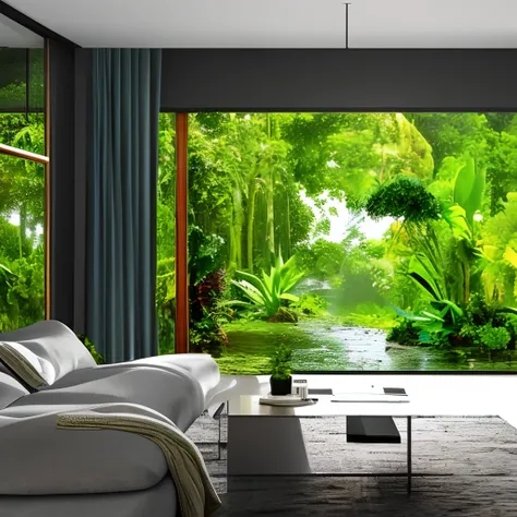 Uma sala ampla e moderna, ultra realista, 4k, A large glass door with a view of tropical jungle in heavy rain