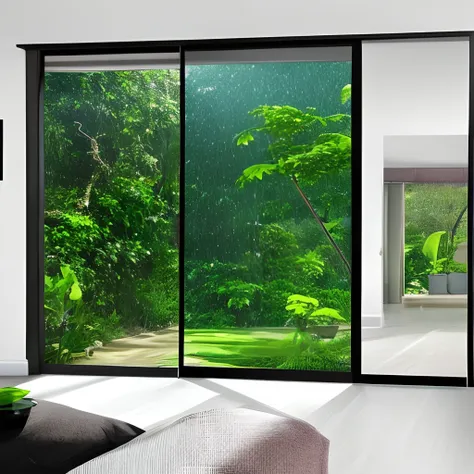 Uma sala ampla e moderna, ultra realista, 4k, A large glass door with a view of tropical jungle in heavy rain