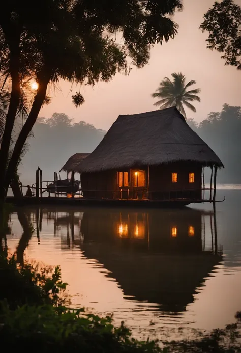 A small hut near a lake ---house boat in the lake -- long ariel video --video view --realistic --kerala traditional village --evening time --foggy