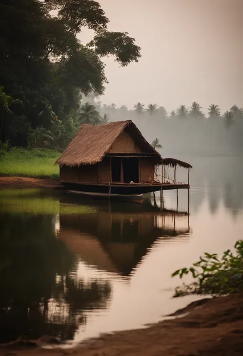 A small hut near a lake ---house boat in the lake -- long ariel video --video view --realistic --kerala traditional village --morning time --foggy