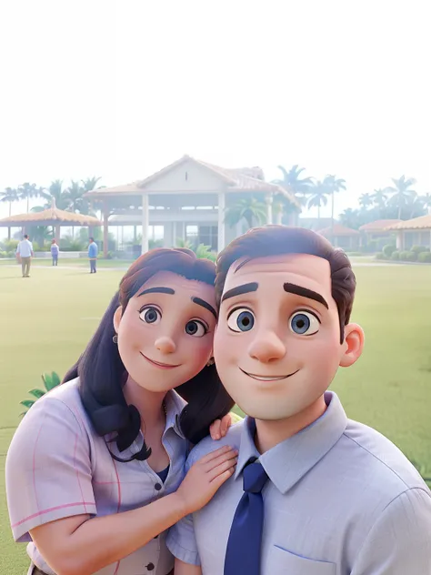 Young man in social and tie next to his 58-year-old mother. On a lawn and palm trees in the background and an event hall behind the palm trees.