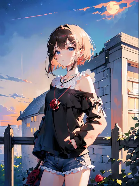 ((((carrying a bass,))))((hands in pockets,))(Masterpiece illustration,Beautiful and aesthetic:1.2,aim to viewers,from below), Best quality,Top quality, Epic quality,((((Fence wall，rose,outdoor,))))(moonlight,moon glare, god light,))Neat face,underage,matu...