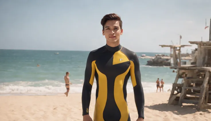 RAW, Masterpiece, Super Fine Photo, Ultra High Resolution, Photorealistic, Sunlight, Full Body Portrait, latino hispanic young man wearing a full body, black and yellow wetsuit, slight manly buldge, black hair with blonde highlights, ponytail cyberpunk hai...