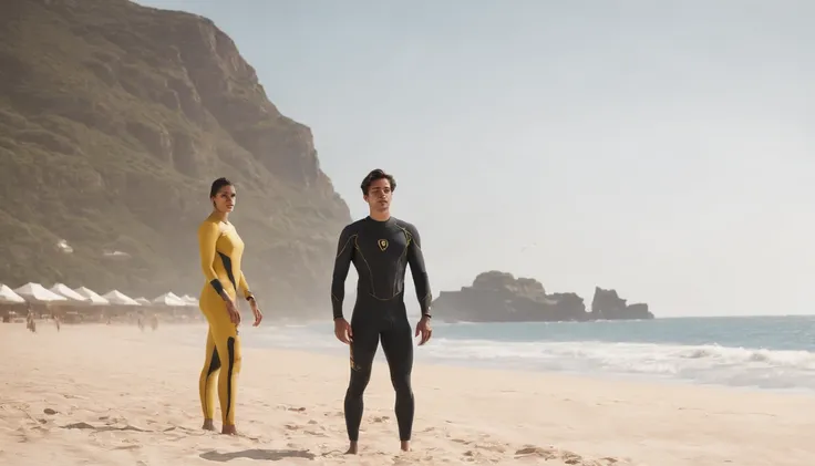 RAW, Masterpiece, Super Fine Photo, Ultra High Resolution, Photorealistic, Sunlight, Full Body Portrait, latino hispanic young man wearing a full body, black and yellow wetsuit, slight manly buldge, black hair with blonde highlights, ponytail cyberpunk hai...