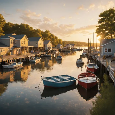 small fishing harbor in a small township in the northern united states, modern days, summer, soft light of the yellow sunset, realistic, cinematic, warm tones, soft colors, ultra quality, hyper realistic