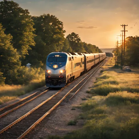 american amtrak train pulls up to a small township station in the northern united states, modern days, summer, soft light of the yellow sunset, realistic, cinematic, warm tones, soft colors, ultra quality, hyper realistic