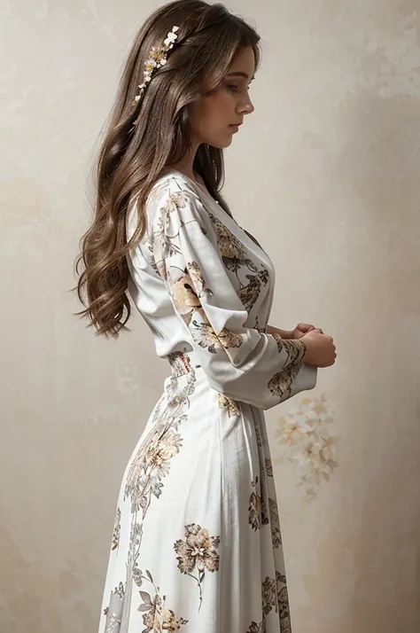 Masterpiece, better quality, portrait, front view, ((half body)), ((beautiful woman)) wearing ((long dress)), ((white dress with brown floral print)), ((sleeve dress)), profile, lookingto side, hands crossed, ((grey background))