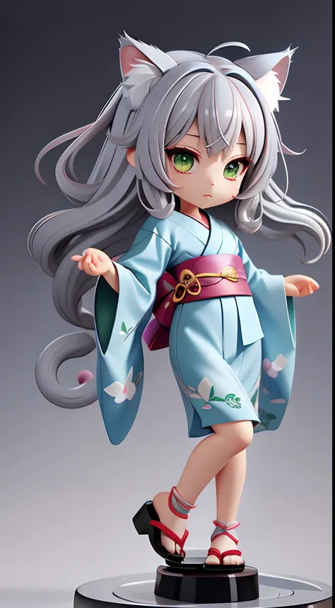 1 girl in、Long gray hair、Green eyes、Cats ears、Cats tail、Blue kimono、Chibi、Chibi Chara、Cat Pose、meow！、Bokeh background, full body Esbian、(High resolution of the highest quality)、((masterpiece best quality:1.2))、[[Bad face]], [[Fused fingers]]