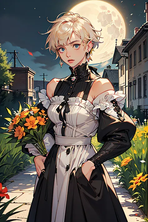 ((((carrying flowers,Finger Sleeve，))))((Hands in pockets,))(masterpiece illustration,Beautiful and aesthetic:1.2,Aim for an audience), Best Quality,of the highest quality, epic quality,((((Valley,plein air,))))(Moonlight,Moon glare, God Light,At night,Upp...