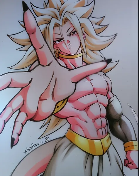 drawing of a cartoon character with a fist in his hand, broly, super sayan, cell shaded!!!, high quality colored sketch, super saiyan, super saiyan 3, going super saiyan, inspired by Zoltan Boros, full color drawing, badass pose, super sayian goku, cell sh...