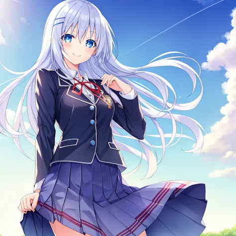 beautiful girl, light smile, open eyes, detailed eyes, school uniform, pretty anime girl, blue sky, morning, long hair, wind, bl...