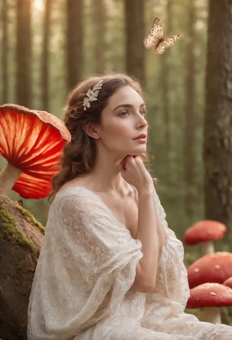 Young girl, curly hair, angelic, butterfly wings, (seated on mushroom) oversized red mushroom with white spots, forest background, contemplative pose, fantasy, autumn leaves, digital art, whimsical, ethereal, soft lighting, golden hour, detailed texture, v...