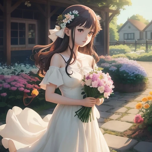 Anime girl in white dress holding flowers in the garden，Beautiful anime artwork，beautiful anime art，Guvitz on the Pixiv Art Station，Guvitz on the art station Pixivív，Beuatiful anime，by Yang J，a beautiful artwork illustration，a beautiful anime portrait，Guvi...