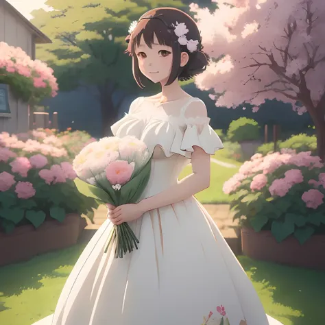 Anime girl in white dress holding flowers in the garden，Beautiful anime artwork，beautiful anime art，Guvitz on the Pixiv Art Station，Guvitz on the art station Pixivív，Beuatiful anime，by Yang J，a beautiful artwork illustration，a beautiful anime portrait，Guvi...