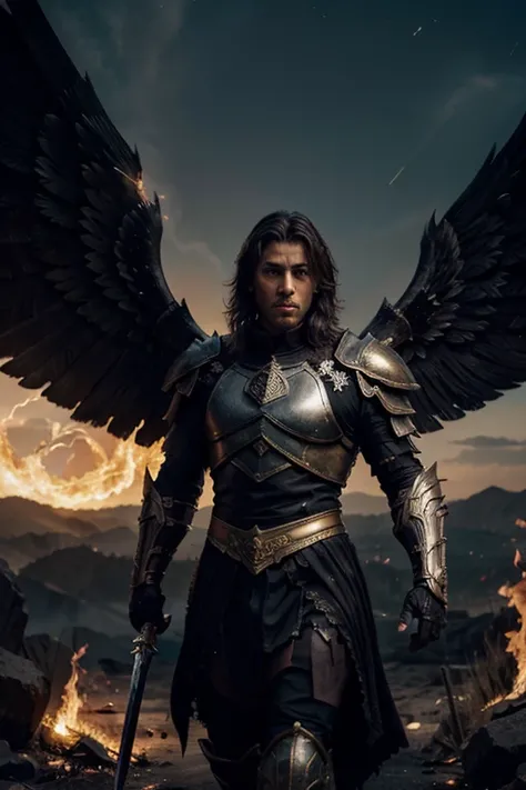 warrior handsome male angel with sword and huge wings, wearing black gold armor, cinematic, landscape, dark, 8k, with background elemental lighting and fire, detailed background, masterpiece