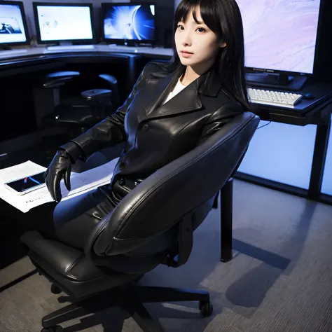 Wearing a black business pantsuit, Office in the Dark, facing a desk、While looking at the screen, tap the keys on the black laptop keyboard with the fingertips of the black leather gloves,Sitting on a large chair with a black leather backrest、 Black hair w...