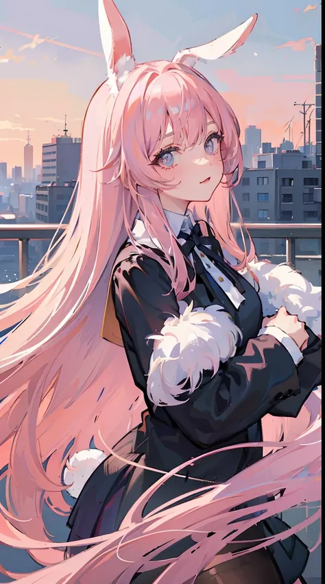 (masterpiece), best quality, bunny girl, (bunny ears:1.2), modern clothing, (long pastel pink hair), (hair hiding ears), (hazel eyes:1.2), (extremely detailed eyes), (fluffy bunny tail), side view, soft smile, city background