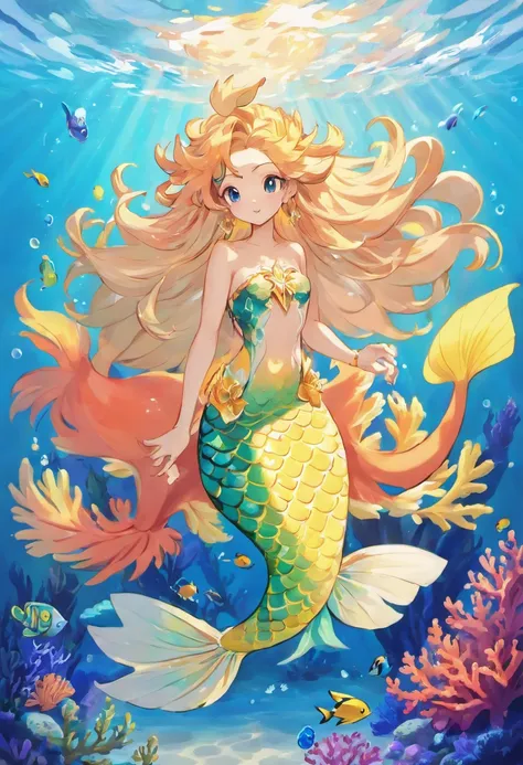 (beautiful,detailed,realistic) lion mermaid, vibrant colors, underwater scene, flowing hair, graceful pose, scales, majestic tail, mesmerizing eyes, shimmering tail fins, coral reefs, tropical fish, ethereal light