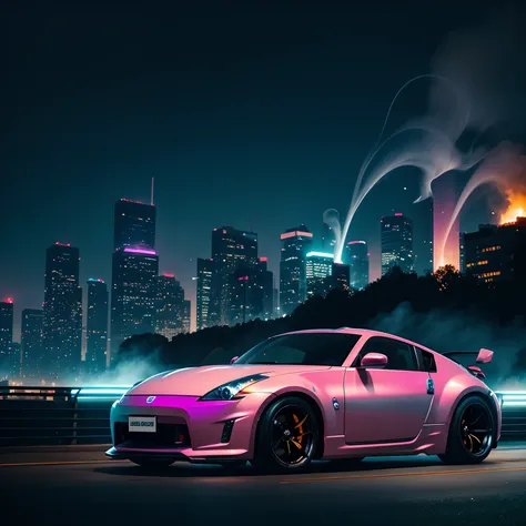 cyberpunk hypercars, soft colors, swirling color smoke, legend, cityscape, space, nissan 350z