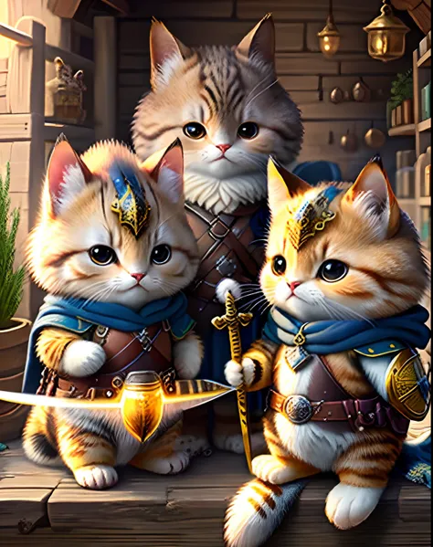 Top image quality、"Create a masterpiece of cute creatures. （Bee cat）, high detailing, in 8K、Top image quality、Dressed as an adventurer、Holding a sword and shield in your hand、Medieval European adventurers attire