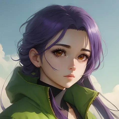 Uma personagem com 4 olhos azuis, cabelo roxo ondulado e pele verde, Looking Directly at Us Anime Style