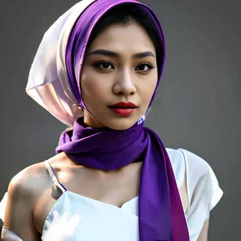 realistic malay woman with red lipstick and purple scarf , white dress background in village