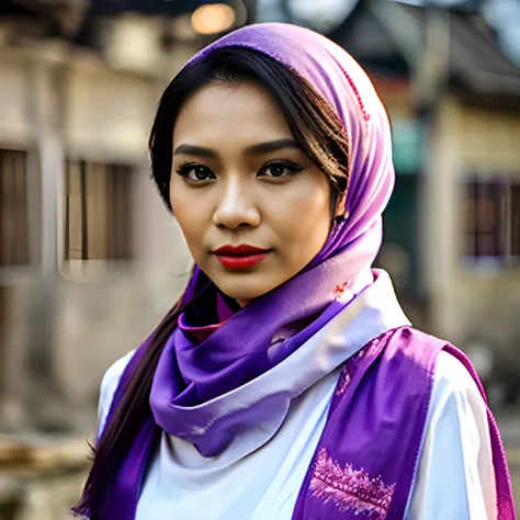 realistic malay woman with red lipstick and purple scarf , white dress background in village