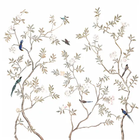 Many birds sat on the branches, chinoiserie pattern, chinoiserie wallpaper, oriental wallpaper, Birds and trees, birds and butterflies, insects and birds, author：Shen Shizhen, delicate garden on paper, shaxi, detailed trees in bloom, victoriana, Birds on c...