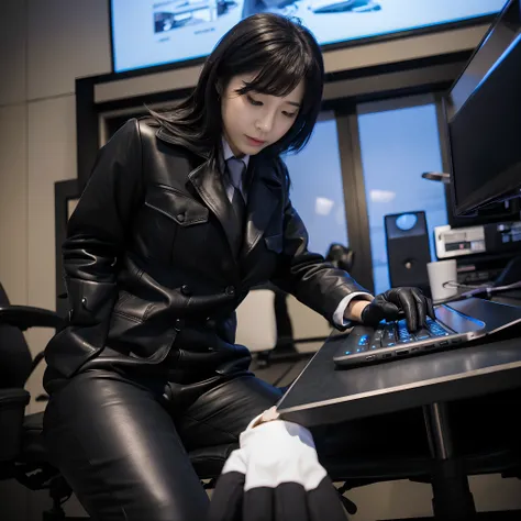 Wearing a black business pantsuit, Office in the Dark, facing a desk、While looking at the screen, tap the keys on the black laptop keyboard with the fingertips of the black leather gloves,Sitting on a large chair with a black leather backrest、 Black hair w...