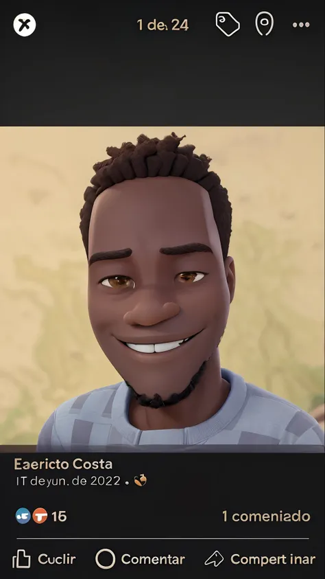 East African brown-skinned man, de cabelos curtos e cacheados,with a giant smile in the Disney Pixar style animations with Toy story movie poster