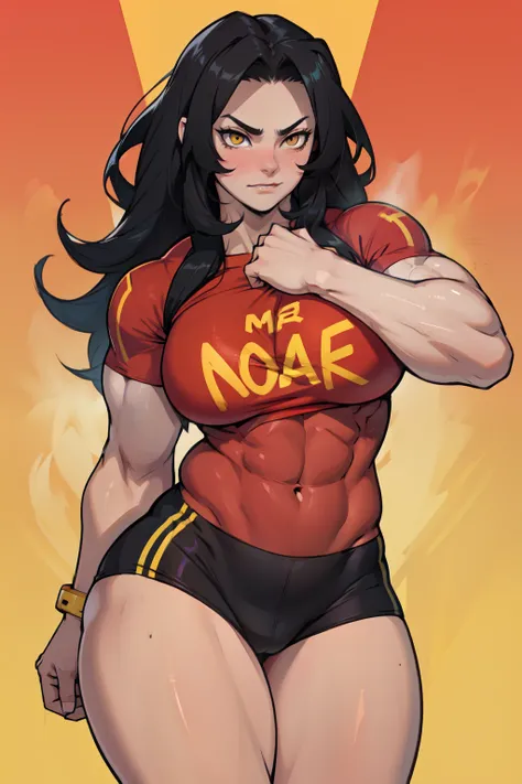 ((1girl)) pale skin large breasts (muscular) toned body thick thighs black hair yellow eyes (long hair) bodybuilder tight red shirt blushing (seductive expression) best quality perfect anatomy