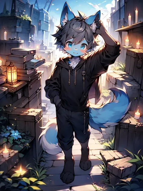 （1boys），（shota），（high-definition quality，Masterpiece level），cute teen character，Dark gray hair，blue colored eyes，（Wolf ears），（Wolf tail），One tail，（No ears），（younge boy），（Ear covering），（hair covered ears），facial camera，A pinch of blue bangs，in a panoramic v...