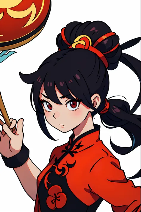 (top-quality:0.8)、(top-quality:0.8)、perfect anime illustration、A closeup of a woman、Chinese Mother、Bun hairstyle、Kungfu、Black and red cheongsam、