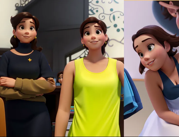 Three brunette women Disney Pixar style, alta qualidade, melhor qualidade, pano de fundo biblioteca