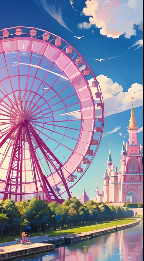 Pink amusement park，There is a Ferris wheel，Pink Castle，Lake，balloons，streamers，Float，There are a lot of clouds in the sky，It has a romantic atmosphere，No mans scene