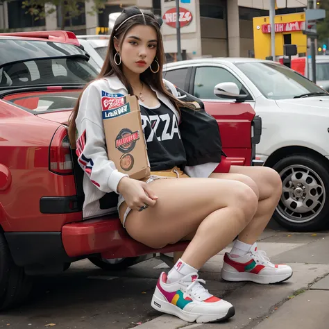 araffe sitting on a bench in front of a red car, woman in streetwear, she is wearing streetwear, female streetwear blogger, streetwear fashion, posing in an urban street, street wear, bella poarch, sneaker photo, casual streetwear, instagram model, shot on...