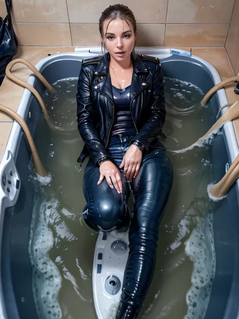 woman bathing in skinny jeans and black leather jacket and high heel boots, ((navy blue skinny jeans)), soaked, wet clothes, dri...