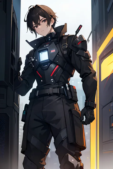 (best quality, highres), male character, anime style, deep and sharp brown eyes, short dark-toned hair tightly against his cheeks, well-defined features, slim and tall figure, severe dark circles, wearing a protective suit with multiple pockets and utility...