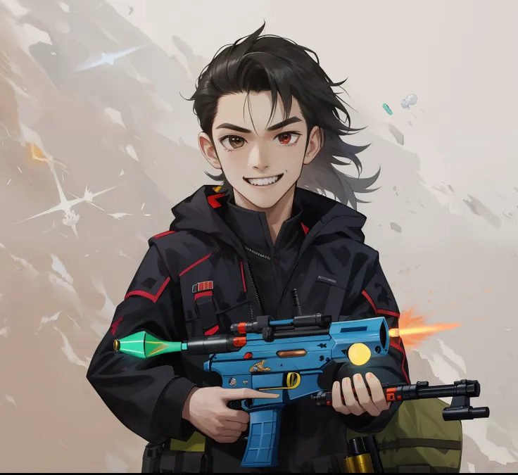 Arafed boy holding a toy gun and smiling at the camera, tenant un blaster, Nerf ou rien, Next to it is a toy ray gun, Blaster fire that glows like a neon light, in the foreground boy with shotgun, avec fusil, avec pistolet, il a un pistolet!!, Fusil de mai...