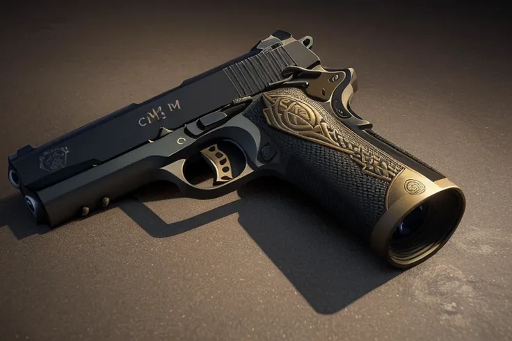 (high quality:1.2),ultra-detailed,(realistic,photorealistic,photo-realistic:1.37),handcrafted,tactical,combat-ready Colt M1911 custom ,(celtic symbol),(catolic symbol),(3D),(corona render),(unreal engine:1.1)l