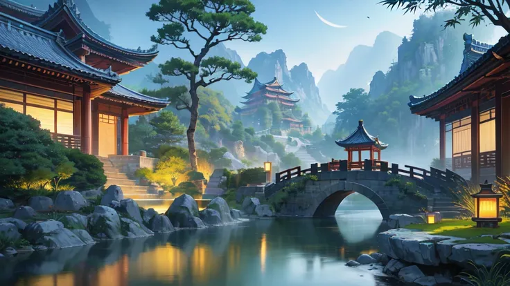 Ancient Chinese architecture, cool colors, dark night, moon, garden, bamboo, lake, stone bridge, rockery, arch, corner, tree, running water, landscape, outdoor, waterfall, grass, rock, dense fog, (Illustration: 1.0) , Epic Composition, HD Details, Masterpi...