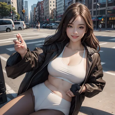 Best Quality, 超A high resolution, (Photorealistic:1.4), 1girl in, Loose oversized black jacket, White Sports Bra, (yoga pant:1), (light brown hair:1.2), l Looking at the viewer, Smiling, Fat Body, A city scape, urbane, makeup, Wide Angle