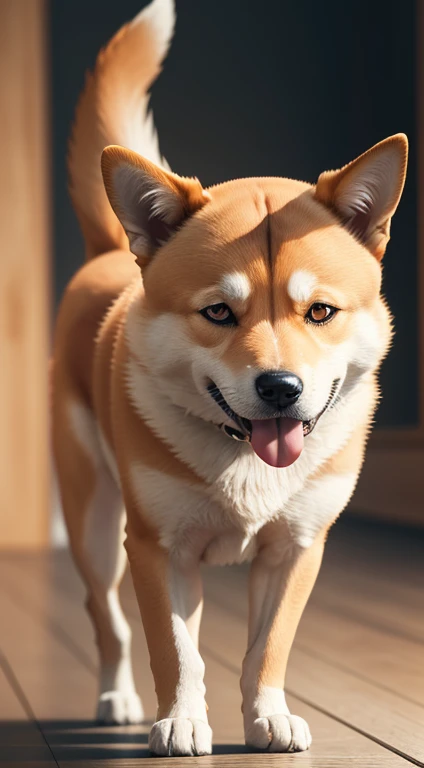 "Producing chic ultra-high-definition images of Shiba Inu, Classic Dog Pose. Use of advanced macro photography techniques、Highlights the intricate details of the dogs coat, Standing ears, And expressive eyes and tongue are partially out. Place the camera a...