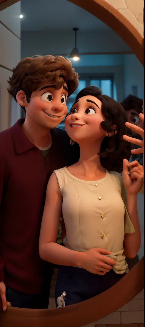 Obra-prima, de melhor qualidade, um casal se olhando sorrindo ligeiramente, tirando uma foto na frente do espelho. Um menino alto com cabelo cacheado ruivo e uma menina com cabelo cacheado preto