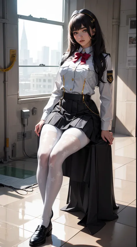 (full bodyesbian:1.5)，(1girll:1.3),(view the viewer:1.4)，(anatomy correct:1.3)，(A heavenly day:1.3),(Wearing thick printed pantyhose and a World War German style JK uniform printed pleated skirt and JK uniform leather shoes with bow embellishments :1.3), (...