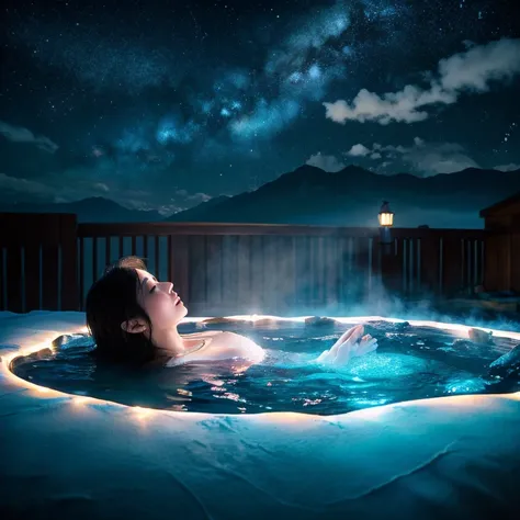 4k,{Dynamic},ultra-fine,(night sky:1.5),(masterpiece),(best quality, high quality:1.4),{Photorealistic},Realistic,Hyper Realistic,Dynamic,perfect anatomy,no humans,{night sky:1.5},A hot spring inn shrouded in silence under a canvas at night. Stars like gen...